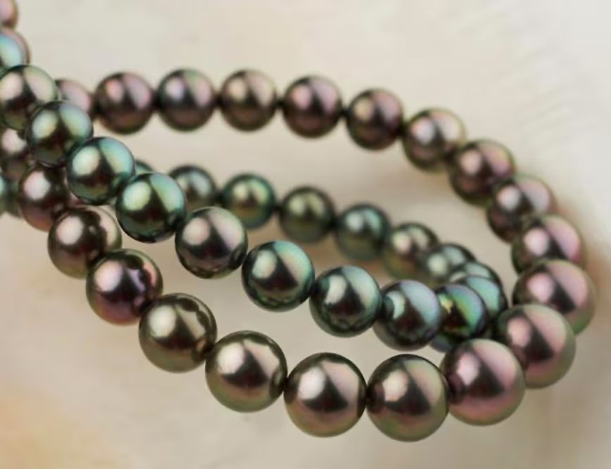 نمای نزدیک از رشته مرواریدهای تاهیتی با رنگ بدنه تیره و تهرنگهای سبز، بنفش و آبی؛ نمایش وضوح و شدت Overtone برای سنجش ارزش مروارید